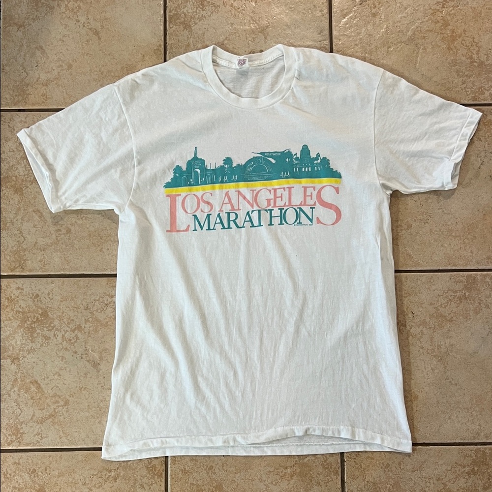 Vintage 1987 Los Angeles Marathon White Graphic Tee, Sz Medium